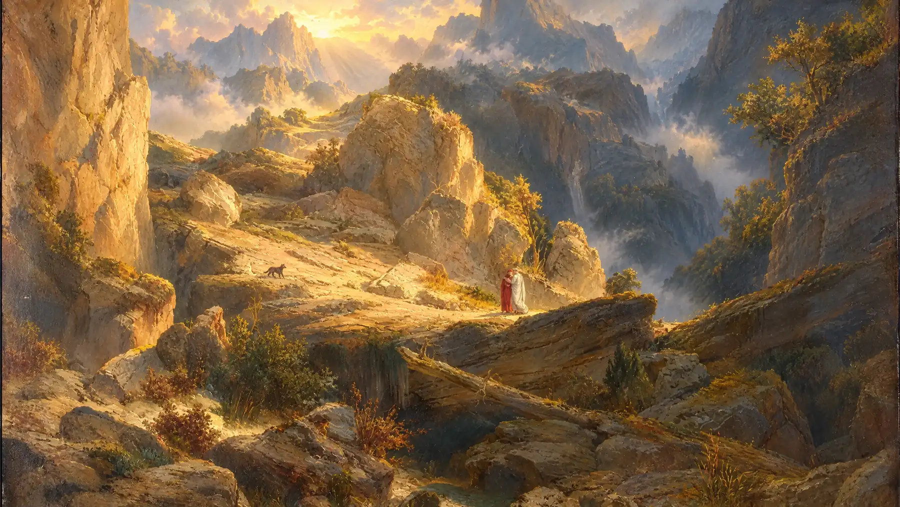 Dante e Virgílio atravessando um vale montanhoso rochoso
