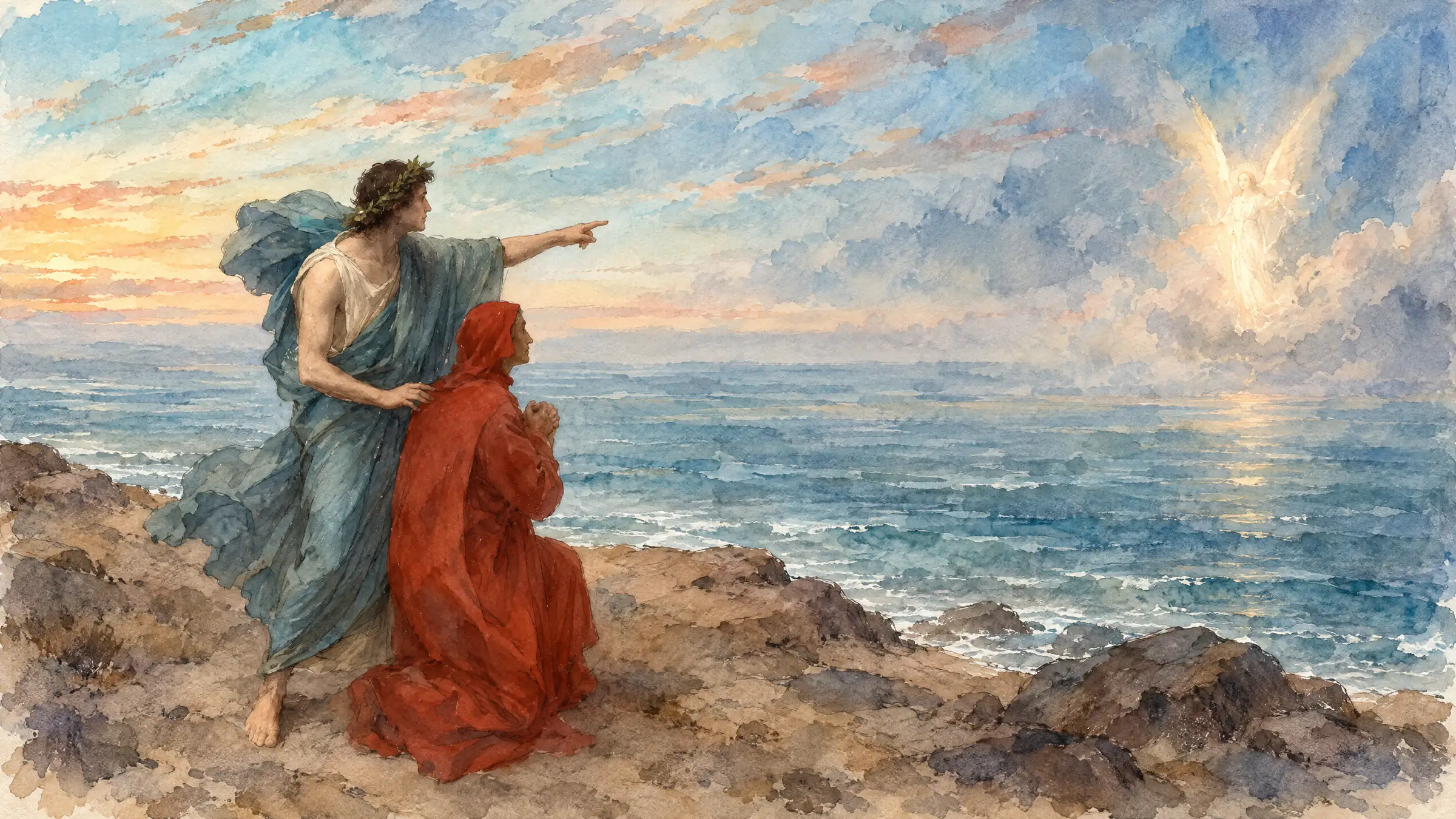 Dante e Virgílio diante do anjo luminoso sobre o mar