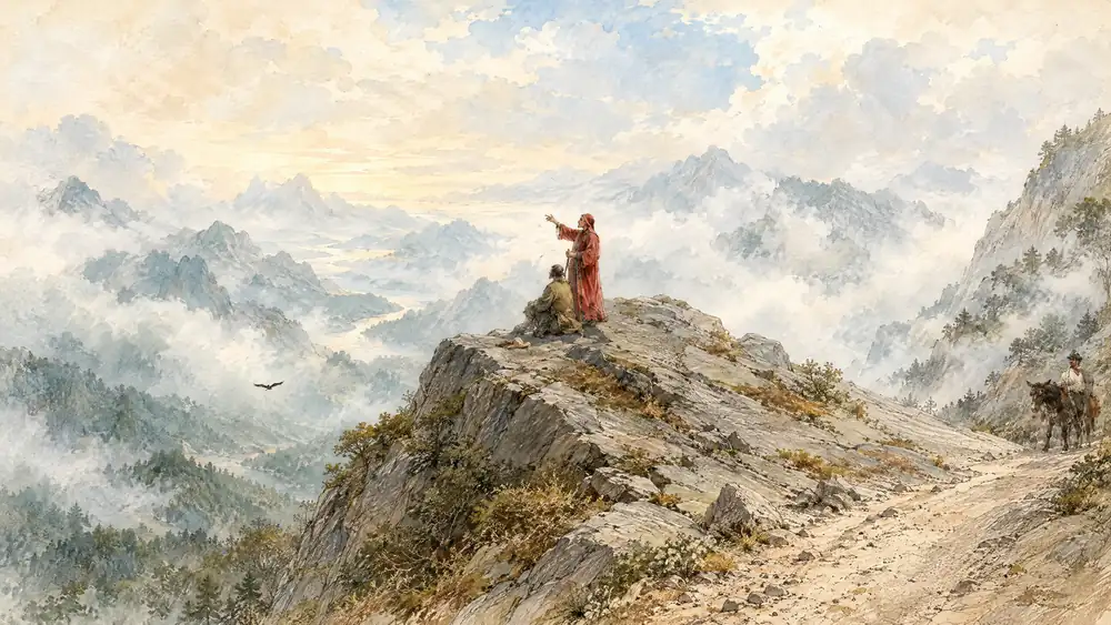Dante no alto de uma montanha rochosa entre nuvens